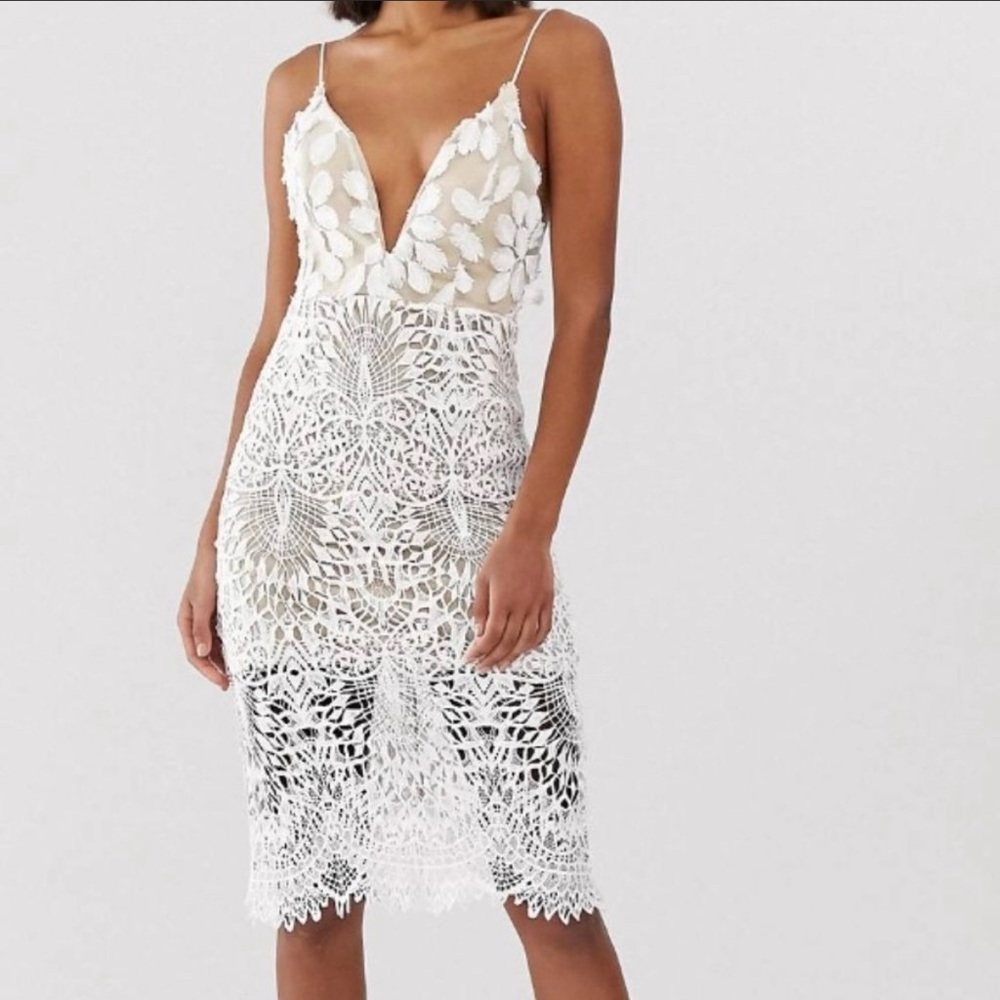 Love Triangle Nude Lace Plunge Midi Dress